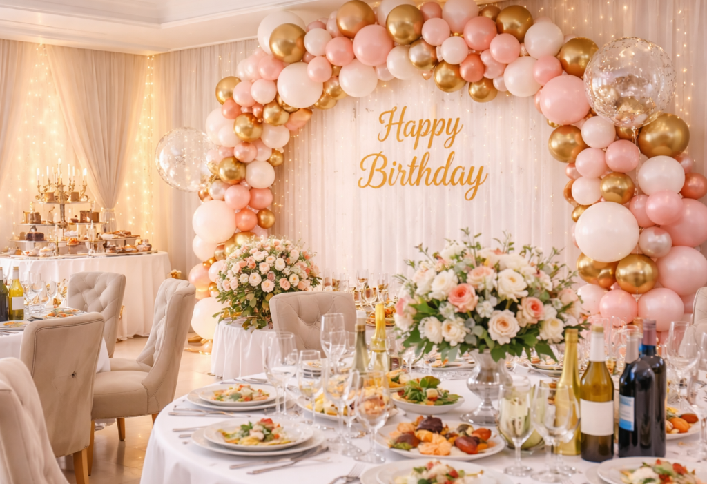 Elegancka sala bankietowa przygotowana na przyjęcie urodzinowe